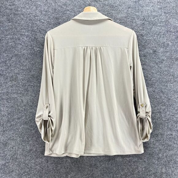 Anne Klein Shirt Women S Small Beige Button Up 3/4 Sleeve Collared Roll Up Tab - Picture 9 of 10